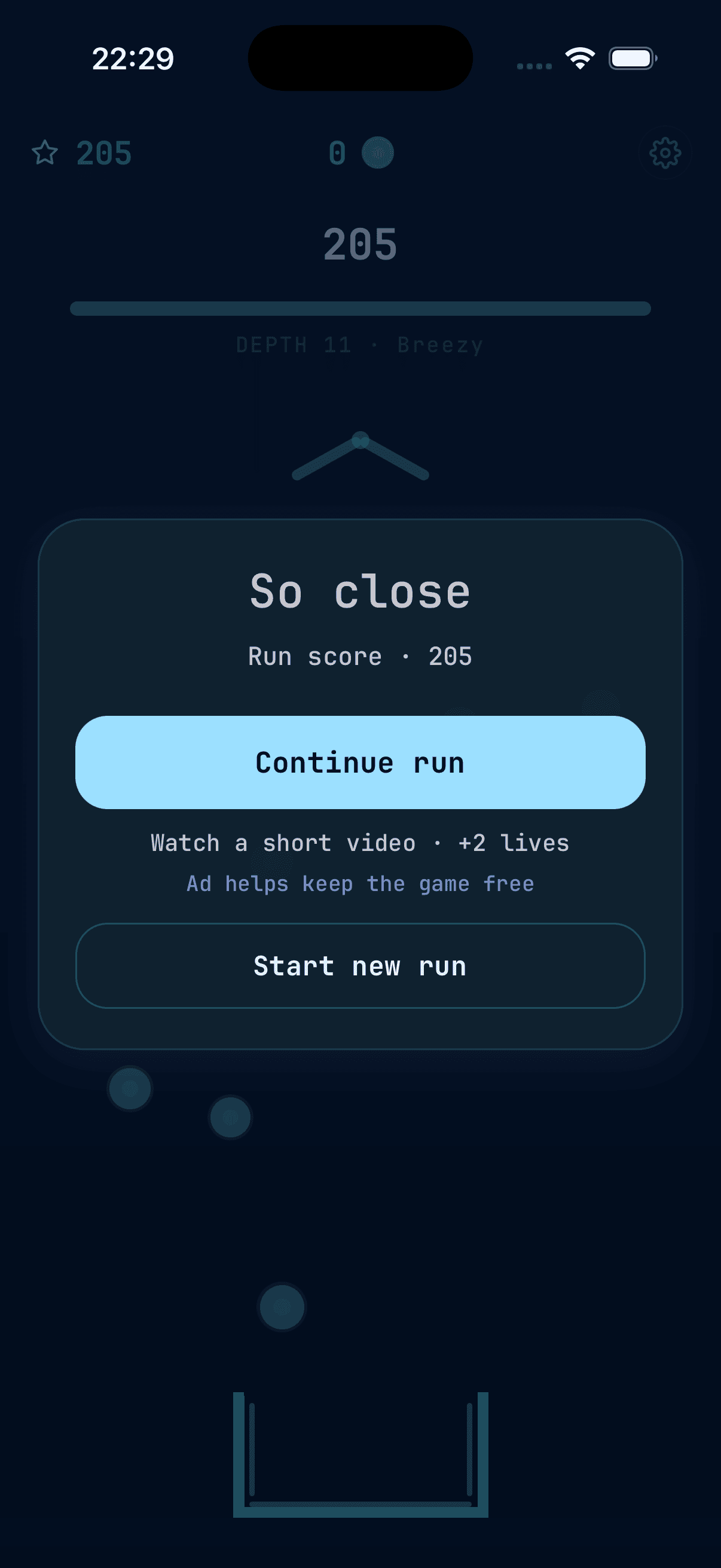 Game over screen after a run ends